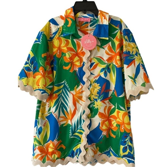 Lilly’s Kloset NWT Floral Hawaiian Print Blouse Top with Contrast Trim - Picture 11 of 11